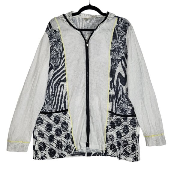 Zenergy by Chico's Size 2 Womens Large Zip Front Hooded Jacket Black White Mesh - Picture 1 of 10